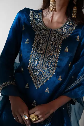 Blue embroidered silk sharara set