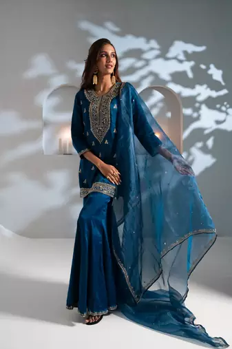Blue embroidered silk sharara set