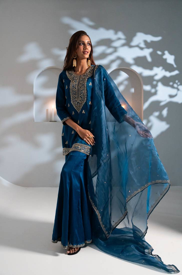 Blue embroidered silk sharara set