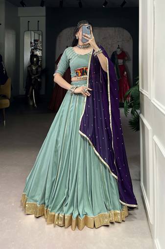 sea green Embossed Design with Gota Patti Lace Rayon lehenga Choli