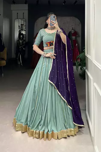 sea green Embossed Design with Gota Patti Lace Rayon lehenga Choli