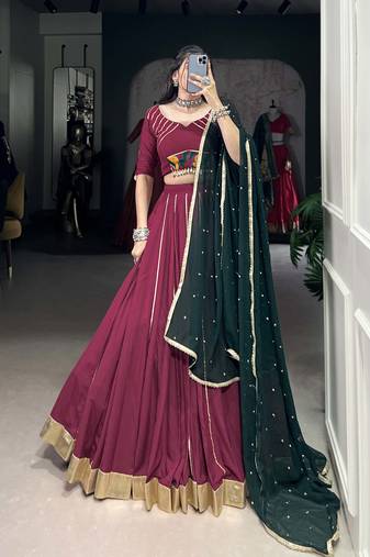 plum Embossed Design with Gota Patti Lace Rayon lehenga Choli