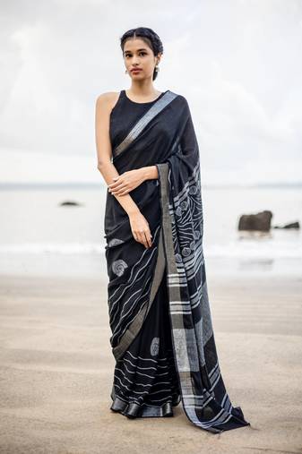 Black linen zari with digital saree with blouse.