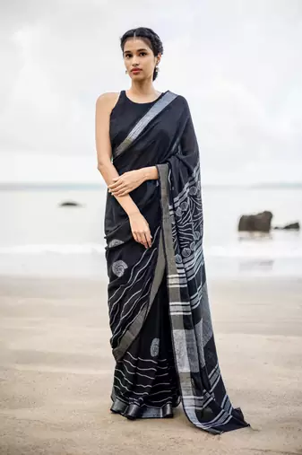 Black linen zari with digital saree with blouse.