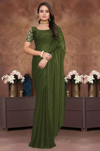 Green crush silk saree with stone work