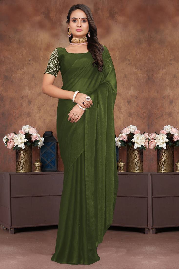 Green crush silk saree with stone work