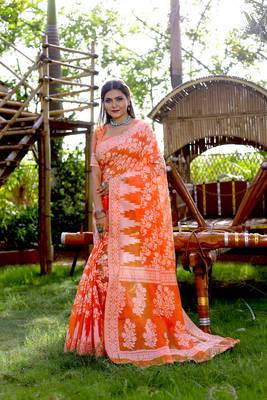 Orange cotton saree with blouse 1