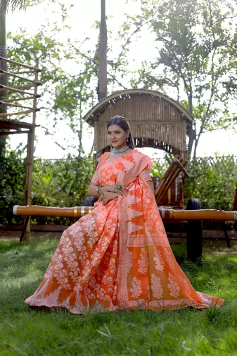 Orange cotton saree with blouse