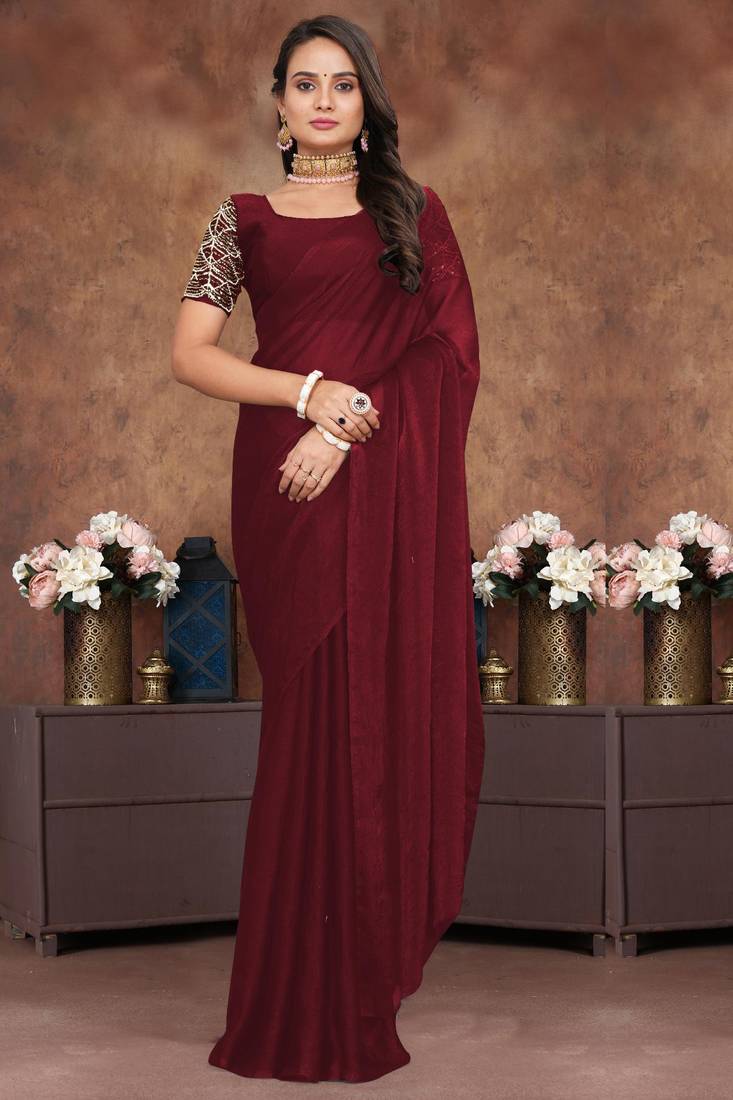 Maroon crush silk saree with stone work
