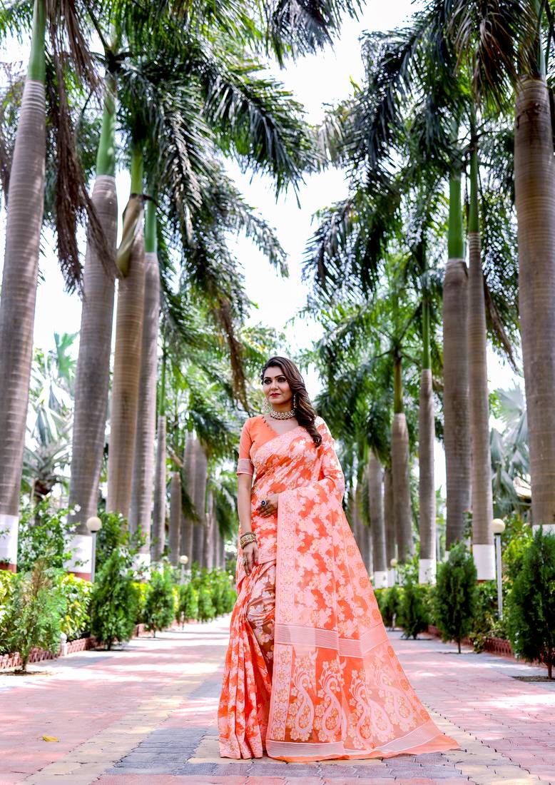 Orange cotton saree with blouse