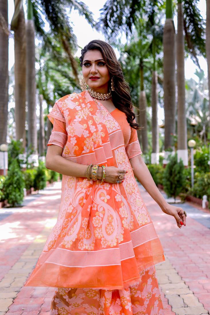Orange cotton saree with blouse