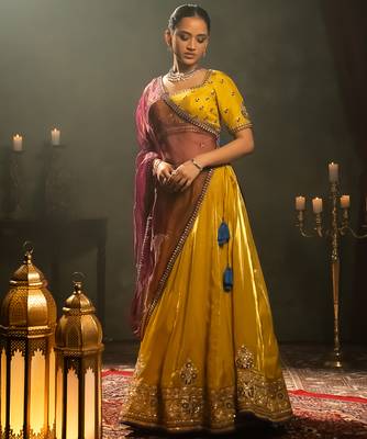 yellow embroidered tissue Lehenga 1