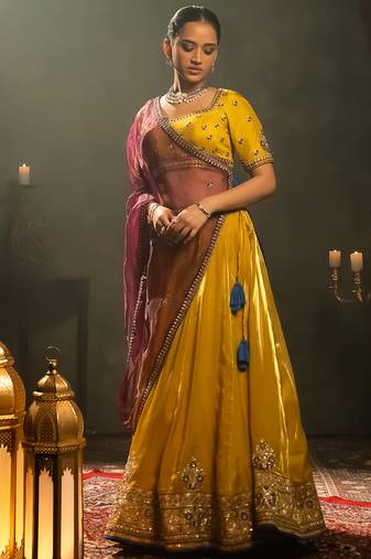 yellow embroidered tissue Lehenga