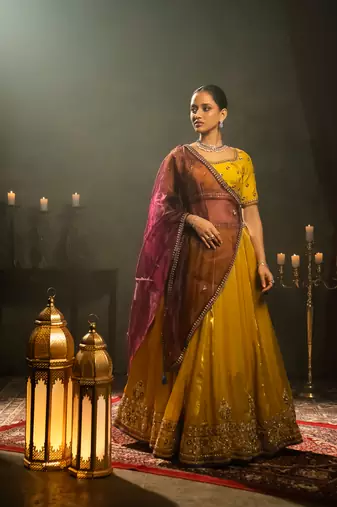 yellow embroidered tissue Lehenga