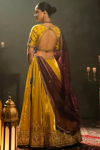 yellow embroidered tissue Lehenga