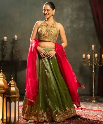green embroidered tissue Lehenga 1
