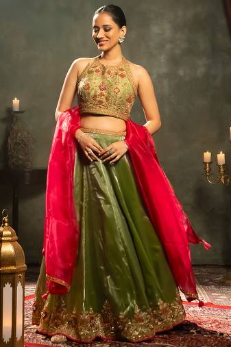 green embroidered tissue Lehenga