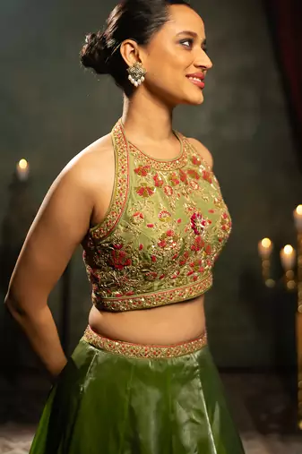 green embroidered tissue Lehenga