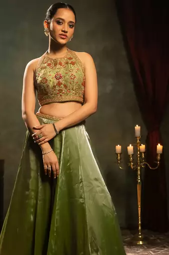 green embroidered tissue Lehenga