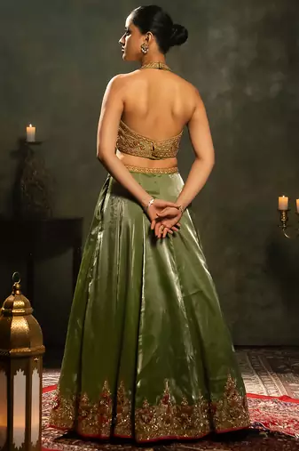 green embroidered tissue Lehenga