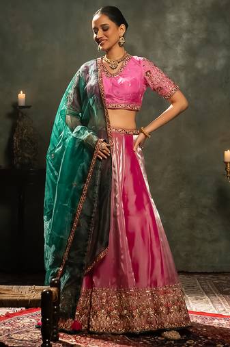 pink embroidered tissue Lehenga