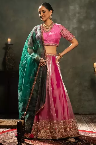 pink embroidered tissue Lehenga