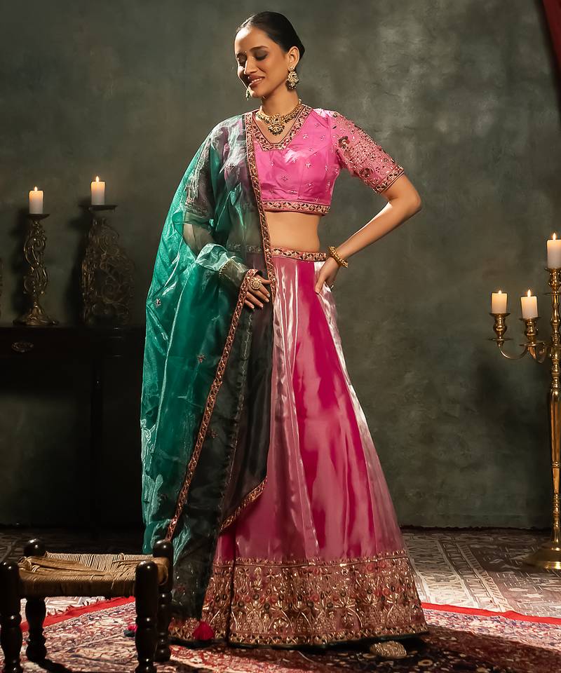 pink embroidered tissue Lehenga