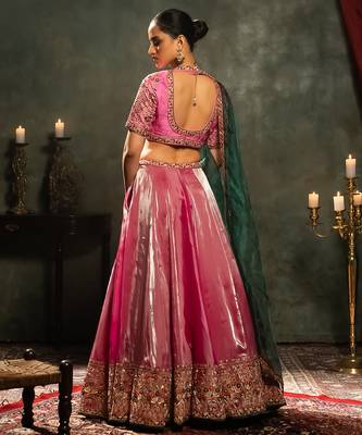 pink embroidered tissue Lehenga 2