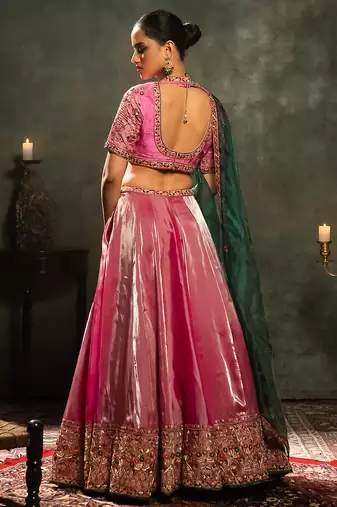 pink embroidered tissue Lehenga