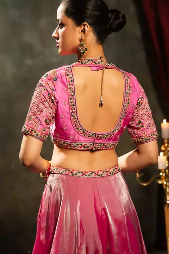 pink embroidered tissue Lehenga