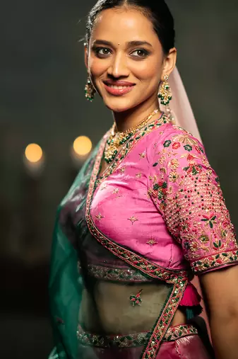 pink embroidered tissue Lehenga