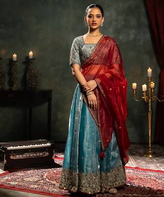 blue embroidered tissue Lehenga 1