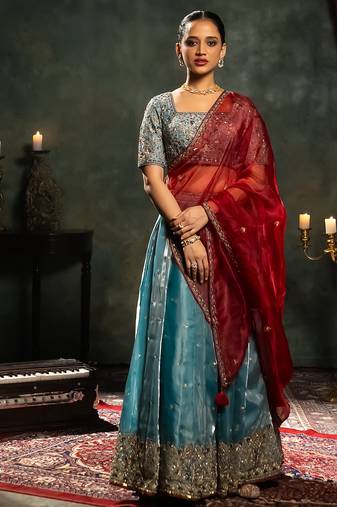 blue embroidered tissue Lehenga