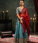 blue embroidered tissue Lehenga