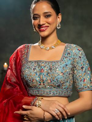 blue embroidered tissue Lehenga 2