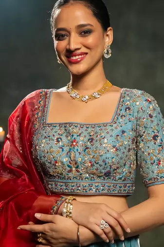 blue embroidered tissue Lehenga