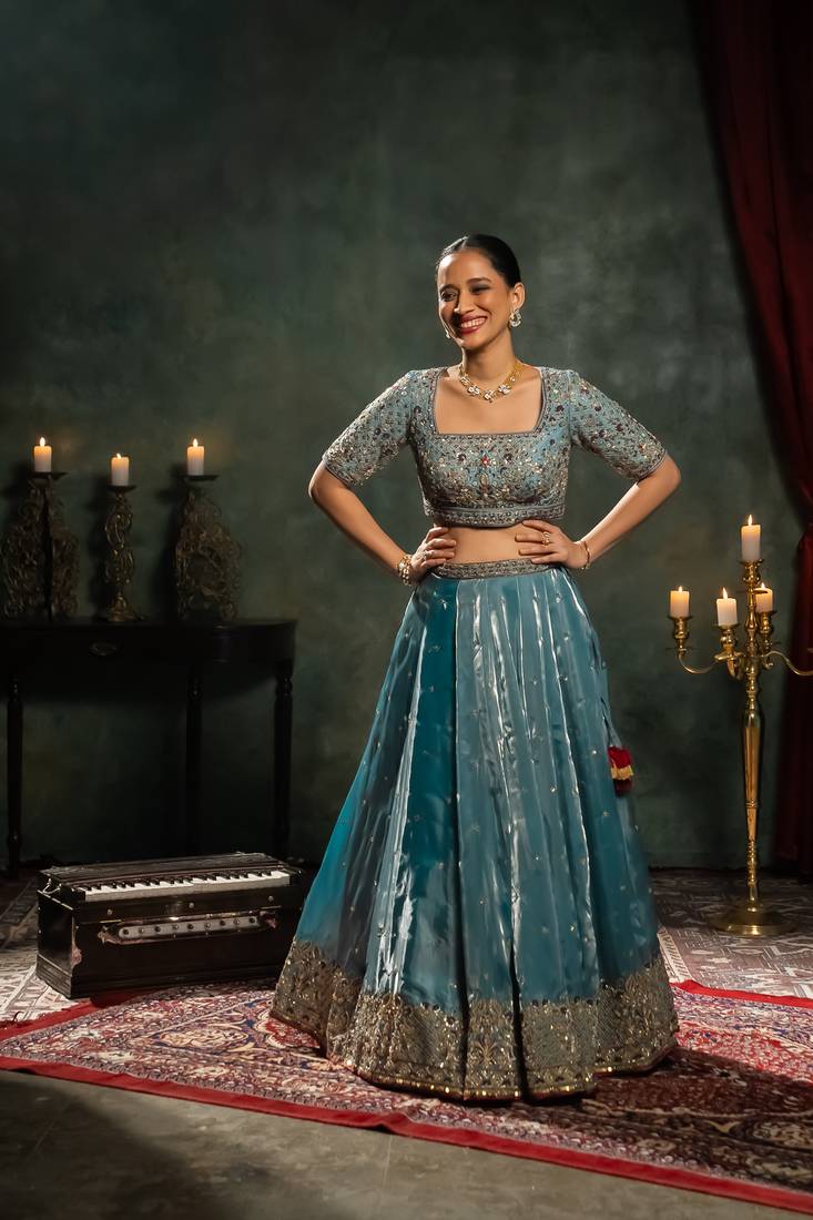 blue embroidered tissue Lehenga