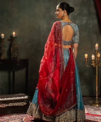 blue embroidered tissue Lehenga 4