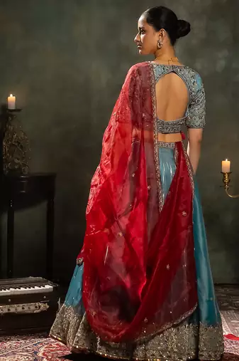 blue embroidered tissue Lehenga