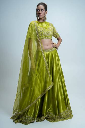 green embroidered silk Lehenga