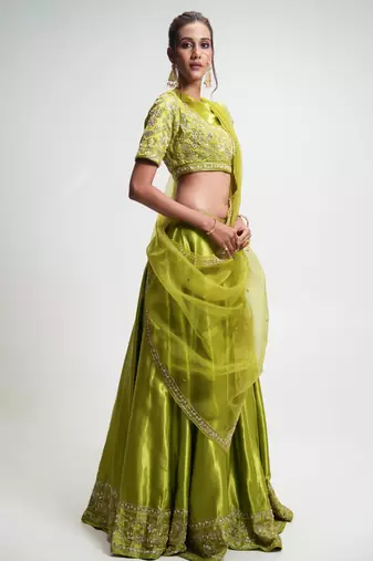 green embroidered silk Lehenga