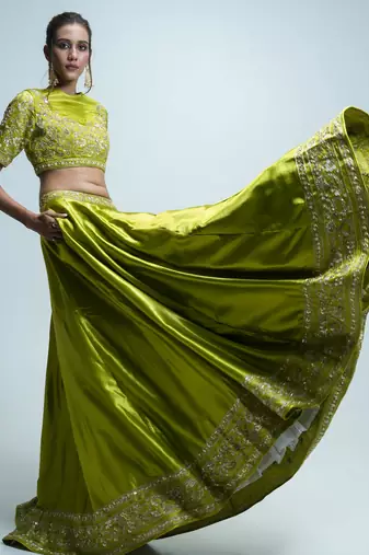 green embroidered silk Lehenga