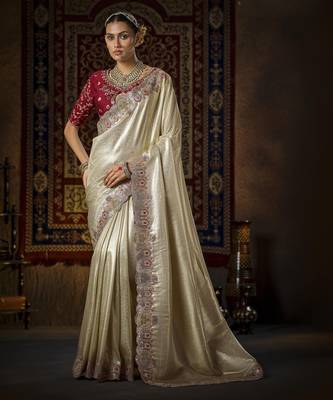 cream Silk Blend blend wedding saree 1