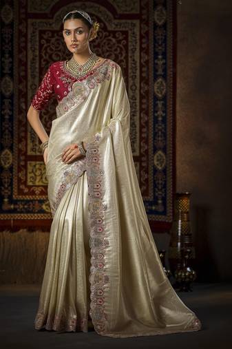 cream kanjivaram silk blend wedding saree