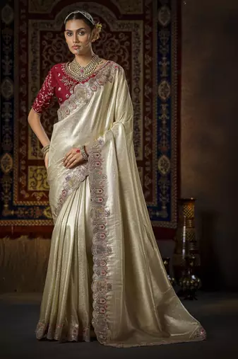 cream kanjivaram silk blend wedding saree