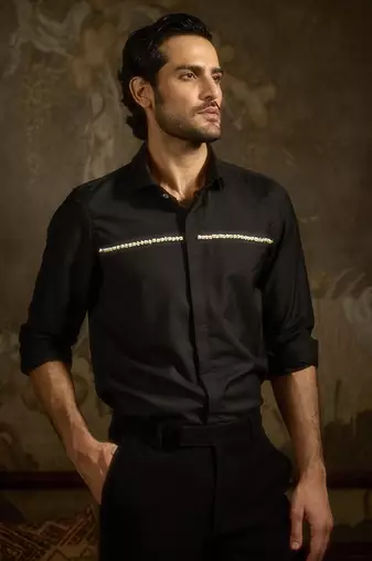 black plain woolen blend shirt