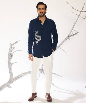 Blue plain faux cotton shirt 1