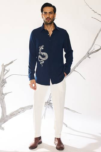 Blue plain faux cotton shirt