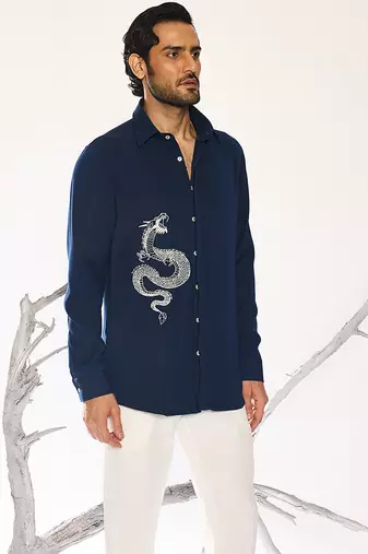 Blue plain faux cotton shirt