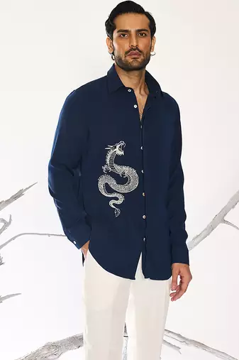 Blue plain faux cotton shirt